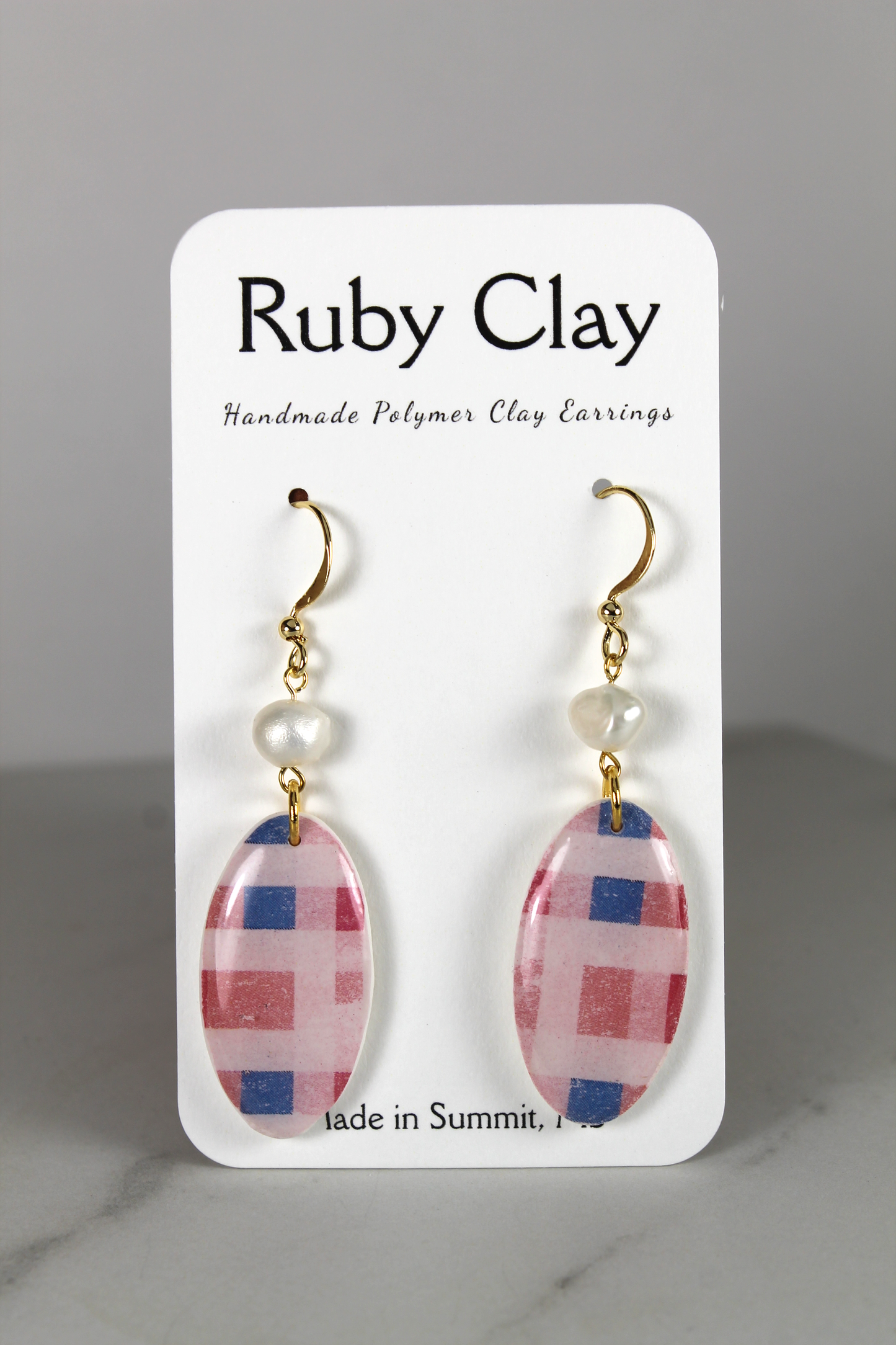 Plaid Oval Pearl Dangles