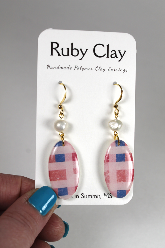 Plaid Oval Pearl Dangles