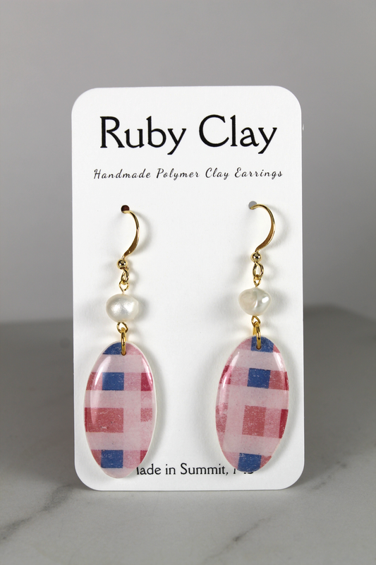 Plaid Oval Pearl Dangles
